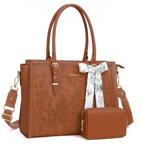 MOSISO Sac Ordinateur Femme 17-17,3 Pouces,Sac Fourre-tout en Cuir PU Compatible avec MacBook,HP,Dell,Asus,Sac PC Portable Rétro Hibiscus Gaufré avec Écharpe Soie&Pochette,Marron