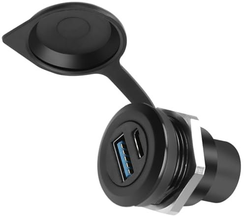 QIANRENON USB 3.0 y USB C 3.1 rosca fijación conector redondo USB 3.0 + USB tipo C 3.1 hembra a hembra integrado panel montaje 2 puertos adaptador, funda protectora contra el polvo, montaje en panel