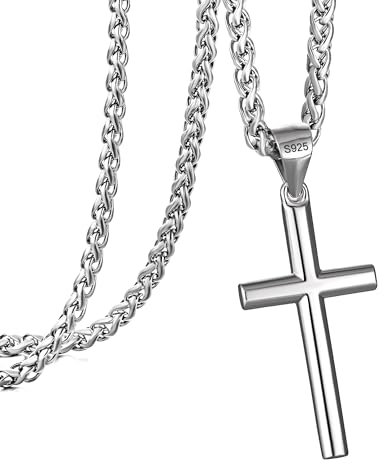 murtoo kette herren, halskette herren, kreuzkette, kreuz anhänger für herren, silberkette, 925 Sterling Silber, kreuz halskette (Silber Weizenkette,55cm)