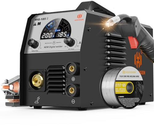 Soldadora MIG HZXVOGEN de 185 A, 110 V/220 V, MIG con núcleo fundente, soldador gas, Lift TIG, electrodo 4 en 1, inversor IGBT, Synergy, multiproceso, pantalla LED grande, soldador mig mag con gas