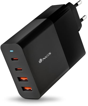 NGS Bud 100W - Cargador de Pared ultrarrápido con 2 Puertos USB-C(PD & PPS 100W) 2 USB-A(QC 3.0 30W) Compacto y portátil para Smartphones Tablets laptops Materiales GAN ignífugos Carga simultánea