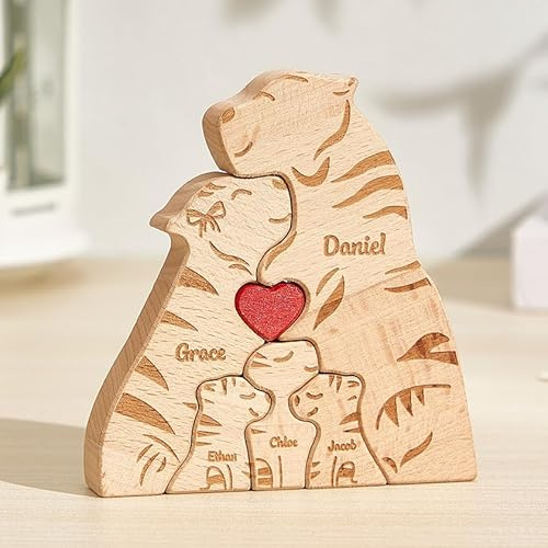 VEELU Personalisiertes Holzkunstpuzzle der Tigerfamilie mit 3-6 Namen| Holz Bär Skulpturen Desktop Ornament Home Tischdekoration, Geschenk für Familie, Muttervatertag Geburtstag