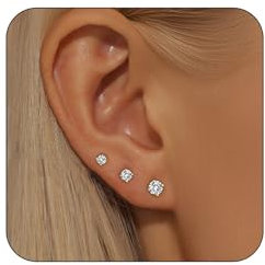 3 Pairs 14k Gold Studs Earrings for Women Hypoallergenic Cubic Zirconia gold stud earrings with 925 Sterling Silver Post Jewelry Gift for Women (3mm+4mm+5mm)