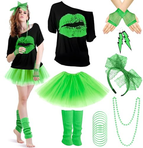 panemy Deguisement Annee 80 Femme, Tenue Des Années 80 et 90 pour Femme, t-Shirt, Tutu, Serre-Tête, Boucles d'Oreilles, Gants Résille, Jambières, Colliers (Vert)