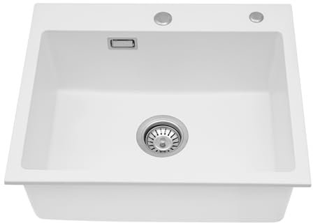Fregadero de cocina de 55 x 45 cm, de piedra de cuarzo, con un arco, profundidad de 9 pulgadas, fregadero para cocina, 1 fregadero empotrable, 2 agujeros preperforados (blanco)