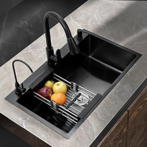 Spülbecken Schwarz 55 x 45 cm, Edelstahlspüle mit Abtropfgestell, Abflusskorb und Siphon, Einbauwaschbecken Einzelbecken für moderne Küchen
