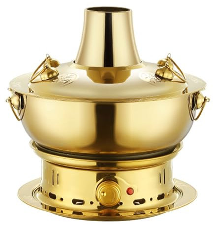 Old Beijing Hot Pot, Camping Stove Hot Pot, Stainless Steel Heater, Mongolian Multi-Person Hot Pot Lamb Cooker (Electric Carbon Double Use)(Gold,34cm)