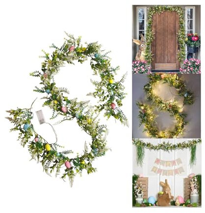 Künstliche Ostergirlande, 190 cm, mit Eiern und Blumen, Deko-Girlande für drinnen und draußen, Grüne Blätter (1)