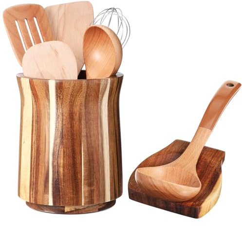 Teenyyou Porte-ustensiles de cuisine en bois rotatif à 360° avec porte-cuillère en bois d'acacia rond avec pieds antidérapants pour spatules cuillères pinces