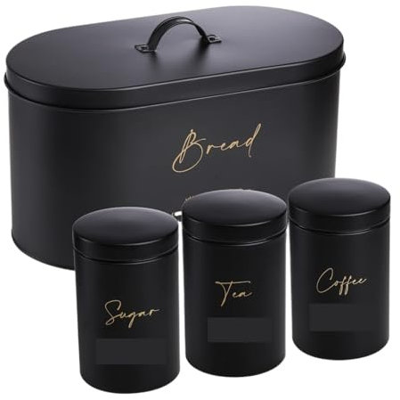 AMYSTY Brotkasten Brotbox Brottopf 4er Set Brotkasten Und Kanister Set Für Küchenarbeitsplatte Metall Brotkasten Zucker Tee Kaffee Vorratsdose Brotaufbewahrung