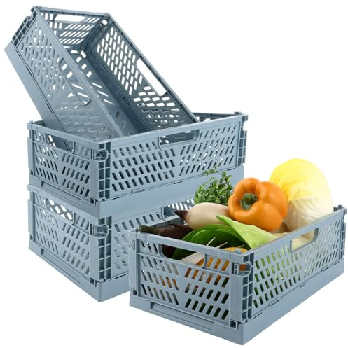 DAJAVE 4 Stück Faltbar Plastik Lagerkisten Regal Körbe, Falten Aufbewahrungskorb Küche Schubladeneinsätze Stapelbare Lagerkästen Transport Schrankbehälter Cubes Home Office Schlafzimmer Küche Blau
