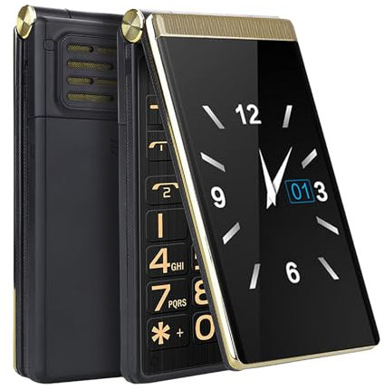 PPLDABNK Senior Flip Cell Phone, 4G Double Screen Unlocked Cellphone, Big Buttons, Large Screen, Volume, LED Flashlight, Dual Standby Phone Gifts for Elderly Kids Minimalist,Gold