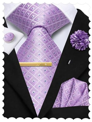 Hi-Tie Corbatas de seda para hombre y gemelos cuadrados de bolsillo, color morado lila