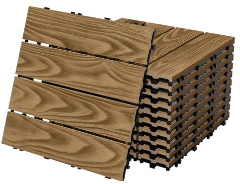 ECD Germany Baldosas de Patio WPC de 30x30 cm 33 Piezas para 3m² Aparencia de Madera Marrón Teca con Sistema de Drenaje e Instalación Mediante Clic, Losa Aspecto Tabla de Leña para Terraza y Balcón