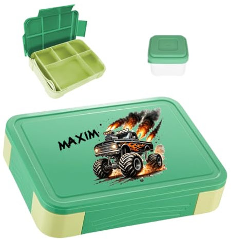 minimutz Brotdose Jungen personalisiert, Brotzeitdose Monster Truck Kinder mit vielen Fächern, Lunch Box mit Name BPA-frei auslaufsicher, Bento Box Set mit buntem Aufdruck (grün)