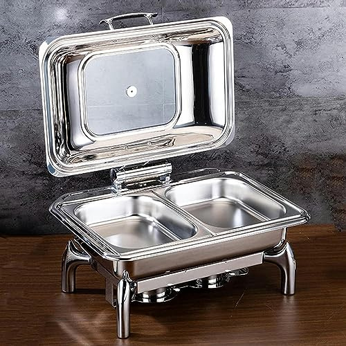 Food Heater - Food Warm Plate, Stainless Steel Hot Pot Buffet Set With Glass Viewing Lid And Built-in Lid Holder For Parties, Dinner Parties And Dining,Extra Thick - Double-9L