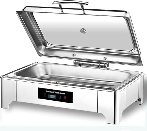Chafing Dish Elektrisch, 9L Professioneller Speisenwärmer, Buffetwärmer mit Touchscreen Temperaturregelung und Glas Sichtschutzabdeckung, Edelstahl Warmhaltebehälter für Buffet und Party
