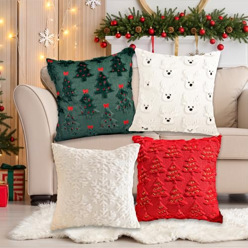 Weihnachten Kissenbezug Set - 45x45cm 4 Stück Kissenhülle Weihnachtsdeko | 3D Weihnachtskissenbezug mit Tannenbaum Schneeflocke Hirsch, Weihnachtliche Dekokissen für Sofa Zimmer Bettwäsche Winterdeko