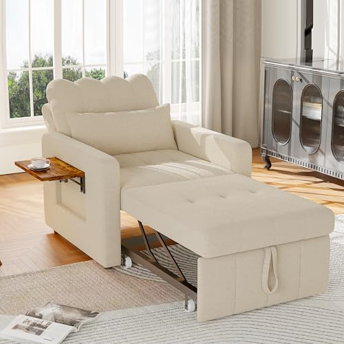 Yeutre Sofá Cama Convertible de 1 Plaza 3 en 1 sillón Convertible con función Cama, Respaldo Ajustable, Mesa Auxiliar Plegable, colchón, cojín y Bolsillos, sofá Cama Plegable para apartamento pequeño