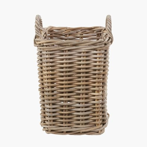 Square Wicker Log Kindling Storage Basket Small in Grey and Buff Rattan