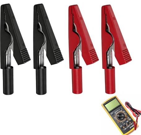 Satz von 4 isolierten Krokodilklemmen – Vernickeltes Kupfer für optimale elektrische Leitfähigkeit – Kompatibel mit 2mm Prüfspitzen und Bananensteckern – für Heim, Schule, Auto und Laboranwendungen