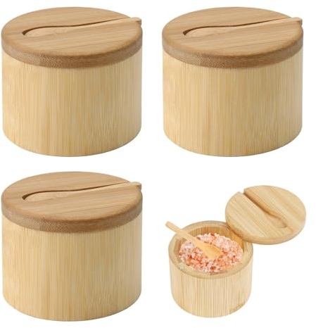 Juego de 3 Saleros de Cocina de Bambú con Tapa y Cuchara | Salero madera ideal como azucarero y salero. Saleros de mesa para especias y sal. Saleiro con cierre magnético