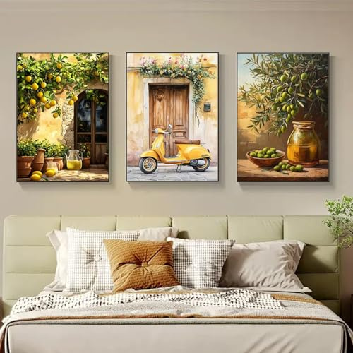 TROYSINC 3er Mediterranes Dorf Poster Set, Zitronen, Gelbe Vespa & Oliven Bilder, Aesthetic Wandbilder Wohnzimmer Wanddeko für Wohnzimmer & Küche, ohne Rahmen (B,50x70cm)