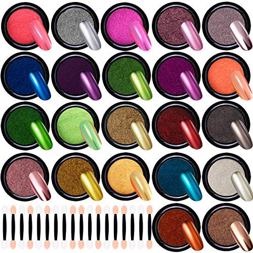 Duufin 22 Colours Nail Powder Metallic Chrome Powder for Mirror Effect Nails, Manicure Pigment Nail Art Decoration with 22 Pcs Eyeshadow Sticks, 1g/Jar