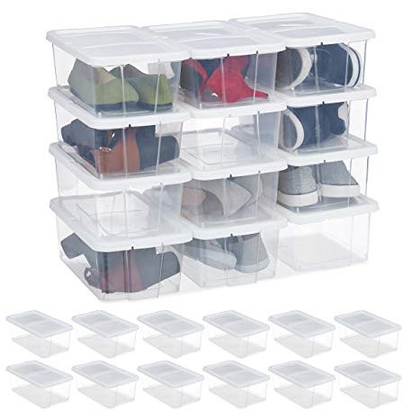 Relaxdays 24x Set di Scatole di Plastica per Scarpe, Box Trasparenti Impilabili con Coperchio HLP 12,5x20x34,5cm, Bianche