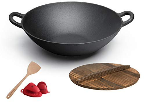 AIZYR 14 Inch Carbon Steel Flat Bottom Wok with Two Handle, Iron Wok with Flattened Bottom/Silicone Hot Handle for Asian Stir Fry and Sautees