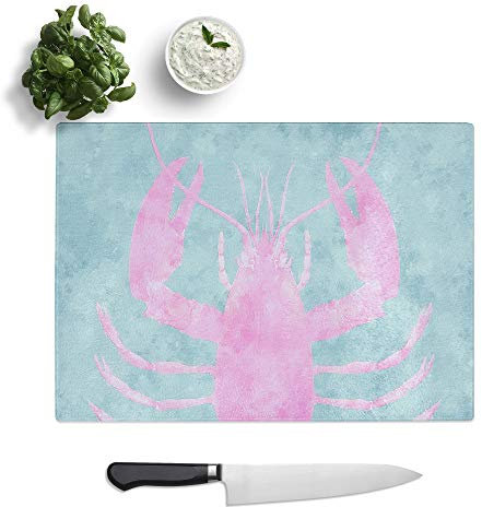 Glass Chopping Board - Pink & Duck Egg Blue Lobster Art Painting - Textured Worktop Saver Cutting Board - Heat Resistant, Shatterproof and Hygenic - 39 x 28.5 cm