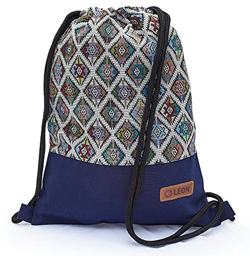By Bers Leon großer Premium Turnbeutel mit Innentaschen Rucksack Tasche Damen Herren Teenager Gym Bag Draw String 45x34cm für Sport Reise Alltag Einkauf (Boho 001Blau)