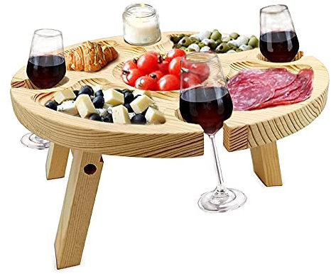 ZWMBYN Zusammenklappbarer runder Picknicktisch aus Holz mit Weinglashalter, 2-in-1 tragbarer, faltbarer Picknicktisch, Weinglasregal, Lebensmitteltisch für Picknick, Strand, Camping, Wandern, Reisen