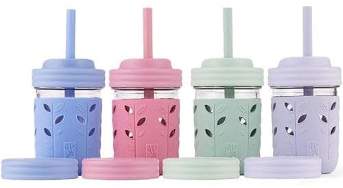 Elk and Friends 8oz Glass Kids + Toddler Drinking Cups | The Original Mason Jars with Lids + Sleeves + Straws | Smoothie Cups | Spill Resistant | Dishwasher Safe | 4 Pack