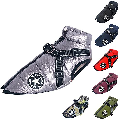 Hundeweste,Hundemantel Wasserdicht,Warme Weste mit Hundegeschirr Winter Warm und weich 9 Farben-Silber L
