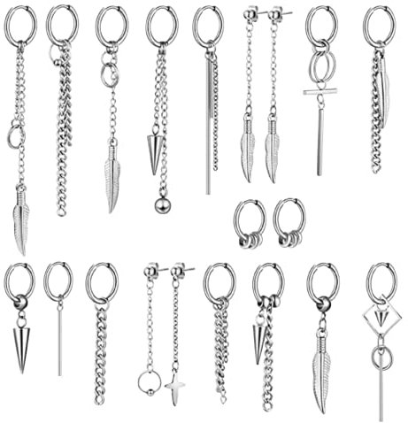 JOLCHIF 20 Stück Ohrringe Set Kpop Kette Lang Silber Ohrringe Herren Punk Gothic Edelstahl Ohrstecker Set Hypoallergen