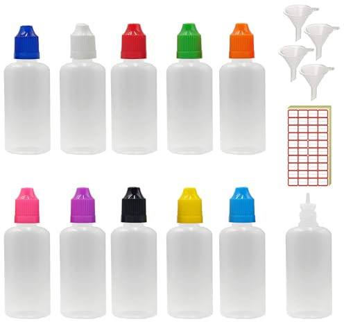 XIAONAN 20 Pack x 50ml LDPE Plastic Liquid Water Squeezable Eye Dropper Empty Bottles (Bottles + Mixed Colour Caps + Tips + Funnel + Label)
