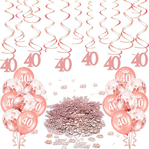 KKSJK Rosegold Deko 40. Geburtstag Frauen Set, Rose Gold Spiral Girlanden, Konfetti, Luftballons, Konfetti Ballons, für 40 Jahre Geburtstagsdeko Frau