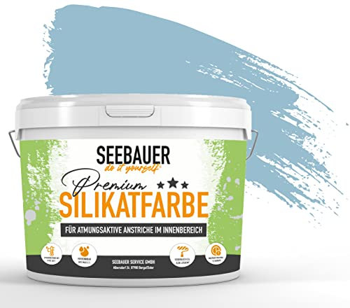 SEEBAUER diy Silikatfarbe Blau 10L für Innen (No. 815 Blue Ridge) Atmungsaktive Mineralfarbe für Allergiker - Abwaschbare Wandfarbe - Blautöne hohe Deckkraft
