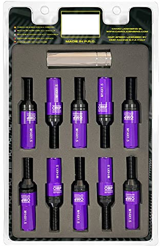 OMP Speed Juego de 20 Tornillos Acero con Protector de Aluminio de Colores M14X1.5 Llave de 17-19 Largo 28mm con Protector Morado de Aluminio 7075 + DIN 12.9