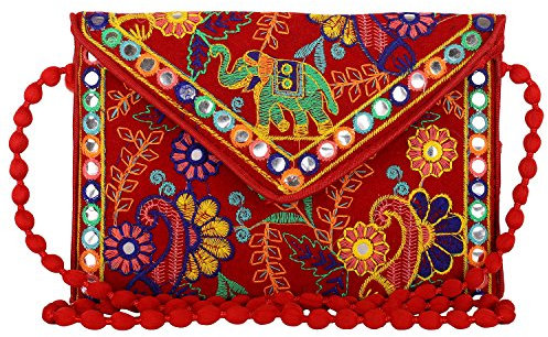 Craft Trade Rajasthani Mini Clutch-Taschen für Frauen Indisch Jaipuri-Kunst Clutch Handtasche für Damen Handbestickte Clutch Umhängetasche für Hochzeits Party und Geschenke - Rot