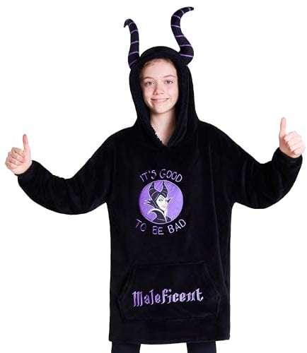 Disney Hoodie Decke Mädchen, Kuscheldecke mit Ärmeln, Fleece Kapuzenpullover, Hoodie Mädchen Geschenke (Schwarz Maleficent)