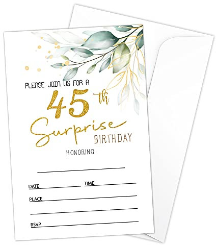 HOUSPEAK Einladungskarten zum 45. Geburtstag mit Umschlägen (20 Stück), Greenery Surprise Geburtstagsparty-Zubehör, Dekorationen, Geburtstagseinladungen für Frauen/Mann – B05