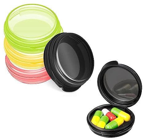 IOSPKKIO® 4 Stück Runden Kleine Pillendose, Mini-Aufbewahrungsbox, Leicht, Tragbar, Leicht zu Unterscheiden, für Feuchtigkeitsbeständige Pillenaufbewahrung (Grün, Pink, Gelb, Schwarz)