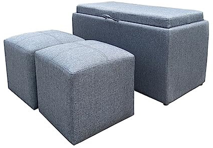 ASPECT Carey Storage Bench With 2 Side Ottomans (Grey Linen)