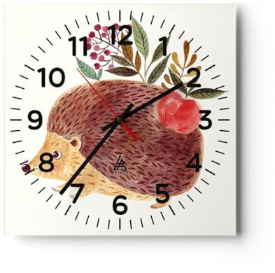 Modern Wanduhr Igel Für Kinder Kinderzimmer 30x30cm Quadrat Klein Wand Uhr Glas Analog Zimmeruhren Küche Büro Wohnzimmer Glasuhr Wall Clock Dekoration Design Wanddekoration Küchenuhr C4AC30x30-5220