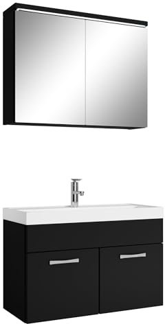 Badplaats B.V. Conjunto de Muebles de baño Paso 02 80 cm - Negro Mate - Mueble de baño con Lavabo y Mueble con Espejo