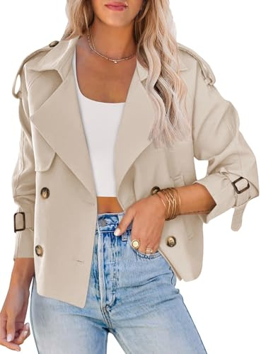 Saodimallsu Women Short Double Breasted Trench Coat Raglan Sleeve Work Office Cropped Jacket With Pockets