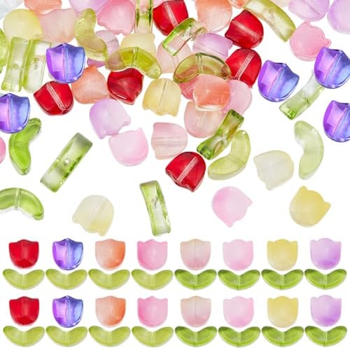 GORGECRAFT 160Pcs Colorful Translucent Tulip Flower Beads Handcrafted Crystal Loose Glass Floral Bead for Women Crafts DIY Jewelry Making Bracelet Hair Accessories Earring Spring Summer Gifts