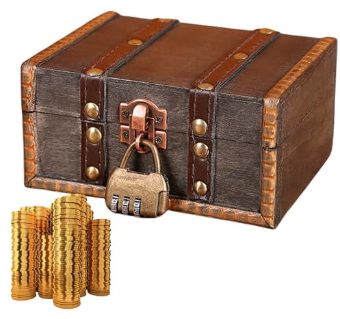 MEGYAD Schatztruh: Schatztruhe Kindergeburtstag Piratenkiste aus Holz mit Zahlenschloss 16x12x9.5 cm, Vintage Box Verschließbar für Aufbewahrung und Dekoration (15)
